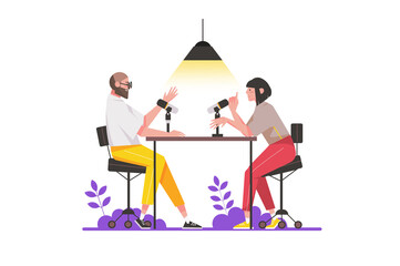 Podcast studio concept in flat design. Man and woman are broadcasting