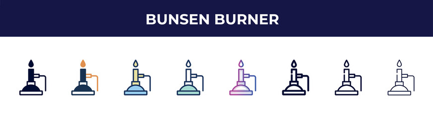 bunsen burner icon in 8 styles. line, filled, glyph, thin outline, colorful, stroke and gradient styles, bunsen burner vector sign. symbol, logo illustration. different style icons set.