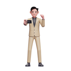 Businessman looking at the phone screen while shouting happy celebrating victory, 3d render character illustration