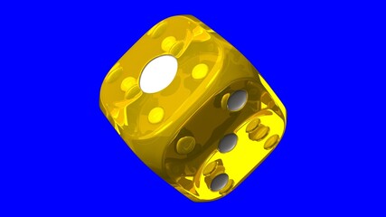 Yellow dice on blue chroma key background.
3d illustration.