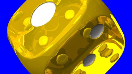 Yellow dice on blue chroma key background.
3d illustration.
