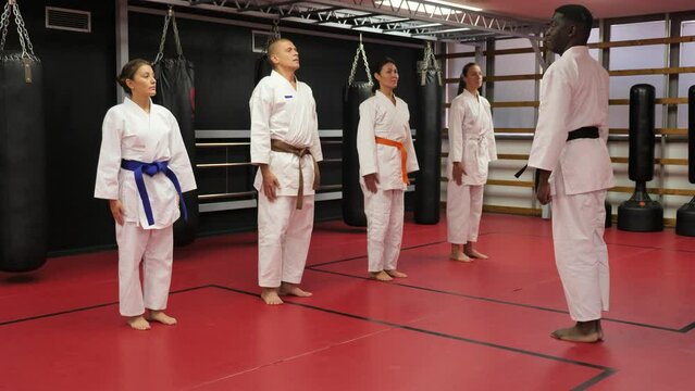 Group of adult people in kimono bowing in front of their trainer during karate training in gym.