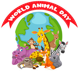 World Animal Day banner with wild animals cartoon