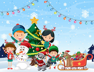 Obraz na płótnie Canvas Happy family celebrating christmas winter outdoor