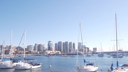Yachts in marina and downtown city skyline, San Diego cityscape, California coast, USA. Highrise...