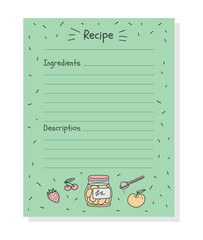 Recipe notebook sheet template with list of ingredients and description, doodle vector illustration.