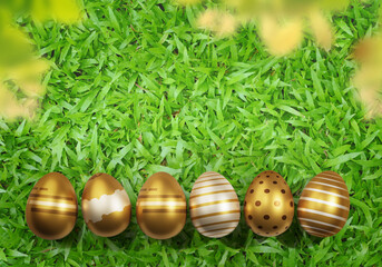 Top view 3D Golden easter eggs is on real green grass with blurred leafs as frame easter background concept 3d rendering
