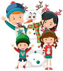 Happy family in Christmas theme with a snowman