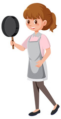 A woman holding a pan wearing apron cartoon character on white background