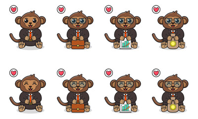 Vector Illustration of Cute sitting Monkey cartoon with Businessman costume. Set of cute little Monkey characters. Collection of funny little Monkey isolated on a white background.