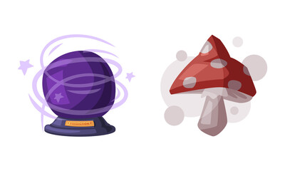 Amanita poisonous mushroom and purple fortune teller magic crystal ball, witchcraft attributes cartoon vector illustration