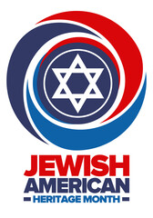 Jewish American Heritage Month. Jewish American contribution to the history United States. Celebrated annual in May. Star of David. Israel symbol. Vector poster, creative illustration