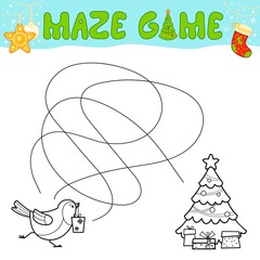 Christmas Maze puzzle game for children. Outline maze or labyrinth. Find path game with christmas Bird.