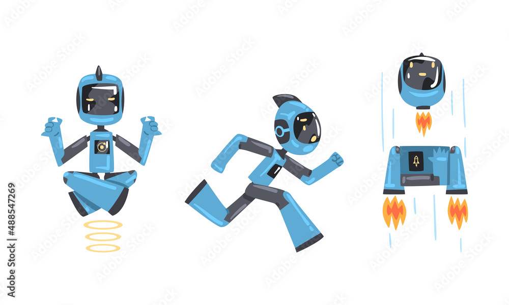 Poster modern robots in action set. artificial intelligence, scientific innovation technologies cartoon vec