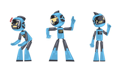 Modern robots in action set. Cybernetic personal assistant. Artificial intelligence, scientific innovation technologies cartoon vector illustration