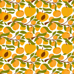 Endless apricot or peach print. Whole and cut fruit pattern. Background for printing on fabric, paper, packaging. Vector illustration, hand drawn