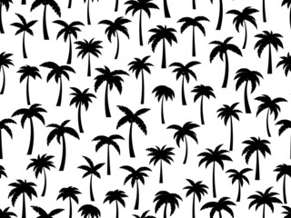 Seamless pattern with black silhouettes of palm trees on a white background. Tropical palms with different leaf shapes. Design for printing on fabric, wrapping paper and banners. Vector illustration