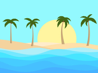 Fototapeta na wymiar Palm trees on the beach. Tropical landscape with palm trees on the sea coast. Summer time. Design of advertising booklets, posters and travel agencies. Vector illustration