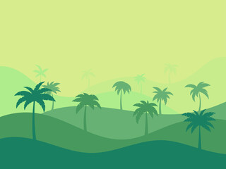 Fototapeta na wymiar Tropical landscape with palm trees in green colors. Silhouettes of palm trees on the hills. Summer time. Design for advertising brochures, banners, posters and travel agencies. Vector illustration