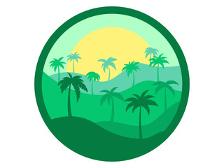 Fototapeta na wymiar Tropical landscape with palm trees in green colors. Silhouettes of palm trees on the hills. Summer time. Design for emblems, stickers, advertising booklets, banners and posters. Vector illustration