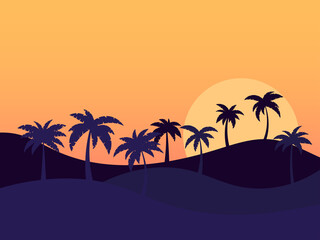 Naklejka na ściany i meble Landscape with palm trees at sunrise in a minimalist style. Silhouettes of palm trees on the hills. Summer time. Design of advertising booklets, posters and travel agencies. Vector illustration