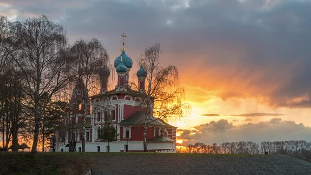 The temple of Dmitry on Blood at sunset. Uglich, Russia. Time-lapse.