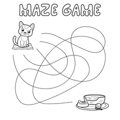 Maze puzzle game for children. Outline maze or labyrinth. Find path game with cat.
