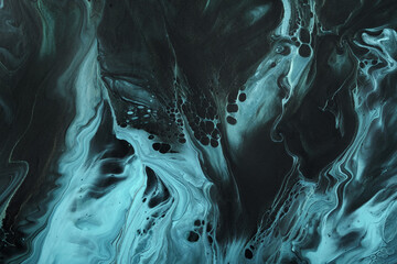 Fluid Art. Fluorescent gray and blue abstract waves with golden particles on black background....