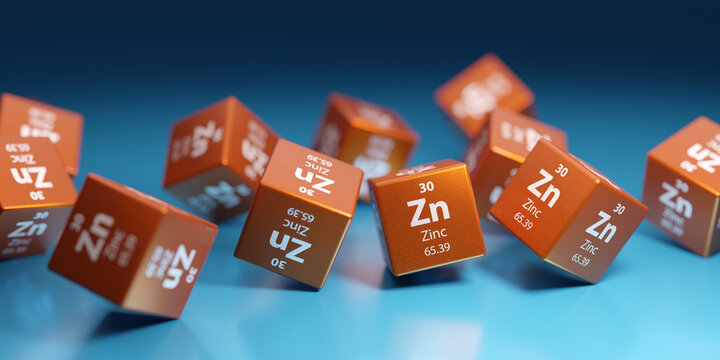 Physics element mineral Zinc (Zn), metal used in science and research, dietary supplement, healthcare, industry and chemistry. Promotional education periodic element 3D render.