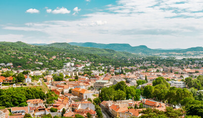 Hill top view of Esztergom and the hills on a sunny summer day.