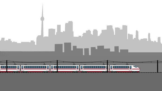Cityscape with a train (animation, seamless loop)
