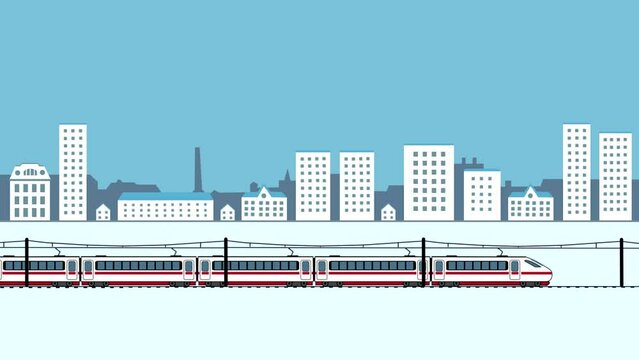 Cityscape with a train (animation, seamless loop)