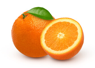 Orange with leaves and half isolated on white background, cut out.