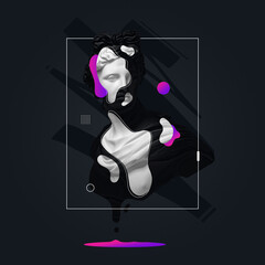 Contemporary art collage with plaster head statue isolated on dark fluid geometric background with...