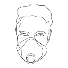 Man wearing medical face mask to protect himself from catching a virus. Hand-drawn vector line-art illustration. One Line style drawing.