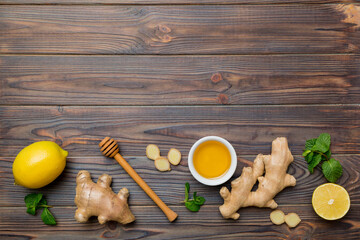Natural cold and flu home remedies. Natural ingredients for immunity stimulation and viruses protection. top view flat lay
