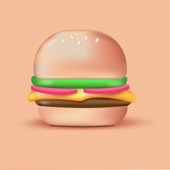 Tasty burger with meat, cheese in 3d design