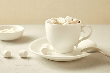 Fototapeta na wymiar Cup of coffee with marshmallows on a white table. Next to the cup is a small plate of marshmallows.