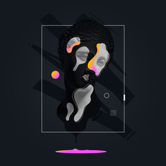 Contemporary art collage with plaster head statue isolated on dark fluid geometric background with neon paints. Modern design. Line art. Surrealism. Modern unusual art.
