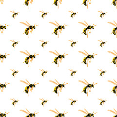 Seamless pattern of one yellow wasp on a white background.