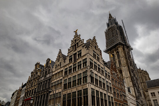 Travel photography, public places, Antwerp, Belgium. Moody cloudy sky day.