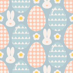 Seamless retro easter pattern with ornamental eggs and happy bunny, pastel color vector.