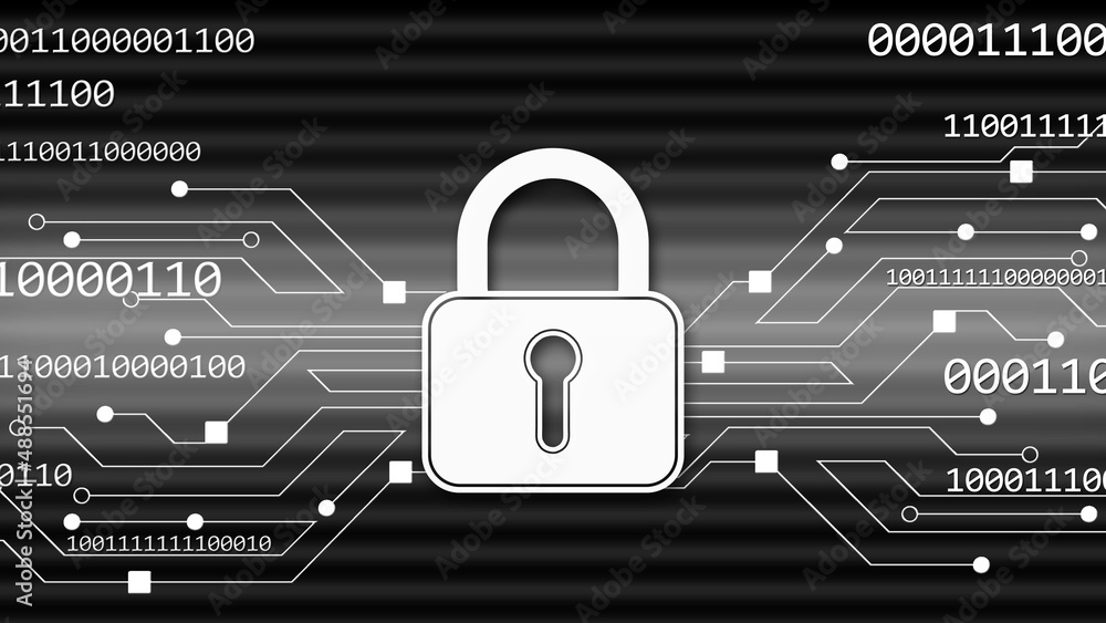 Poster security technology concept - padlock binary code information connecting lines - 3d illustration