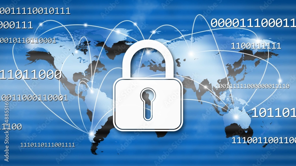 Poster security technology concept - padlock binary code information connecting lines world map - 3d illust
