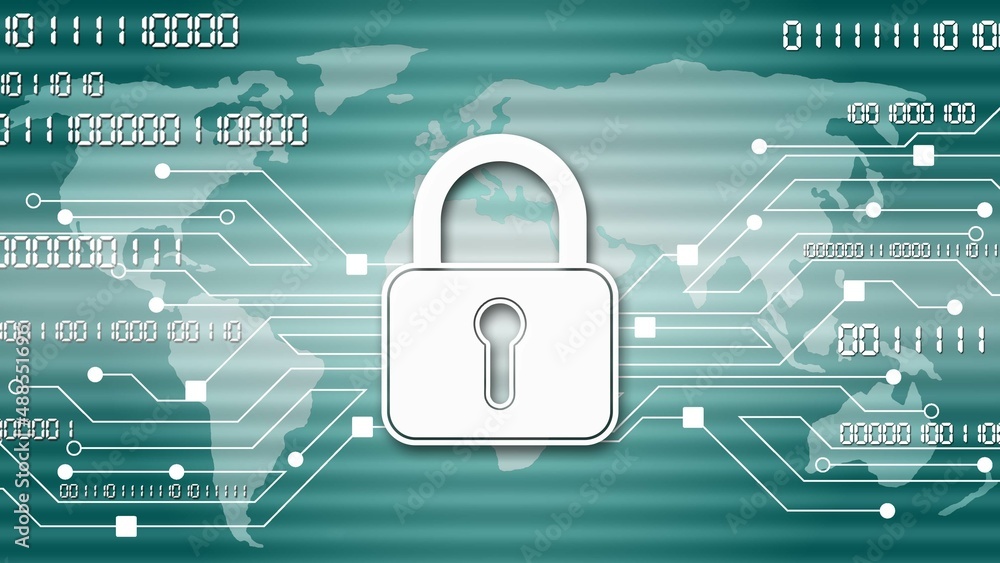 Poster security technology concept - padlock binary code information connecting lines world map - 3d illust