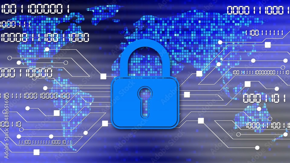 Poster security technology concept - padlock binary code information connecting lines world map - 3d illust