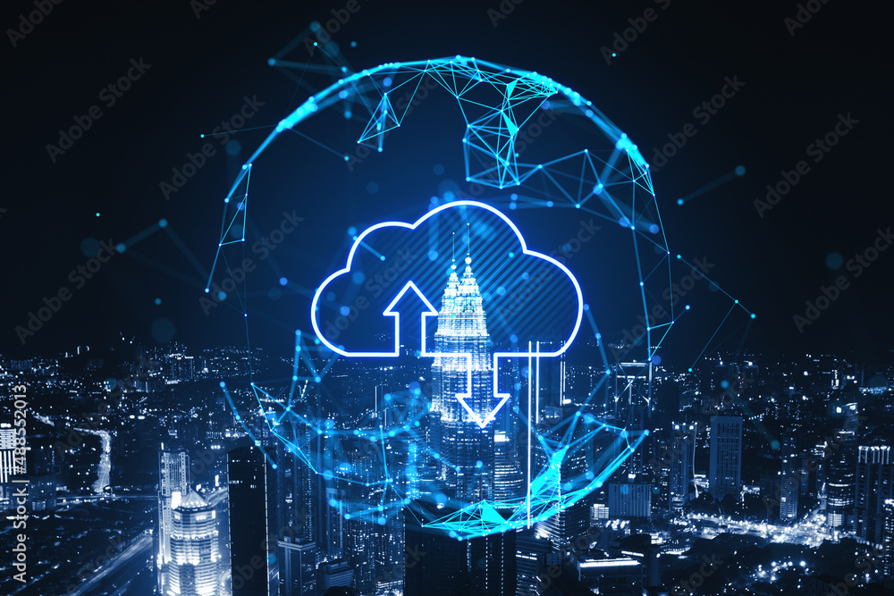 Aufkleber abstract glowing polygonal sphere with cloud and arrows on blurry night city background. cloud compu