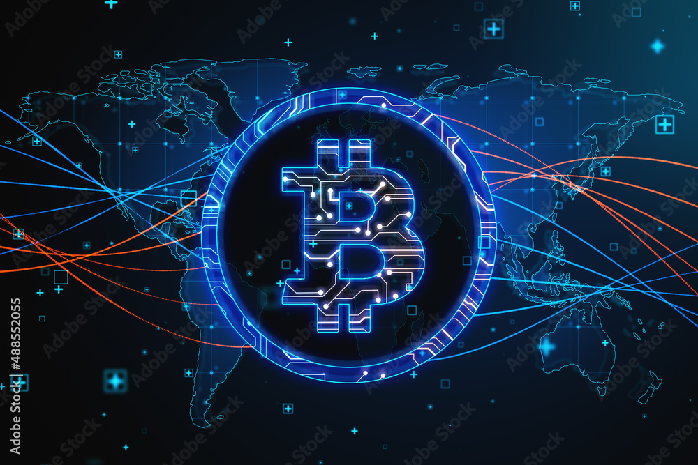 Poster creative glowing gloobal bitcoin hologram on blurry dark background. 3d rendering.