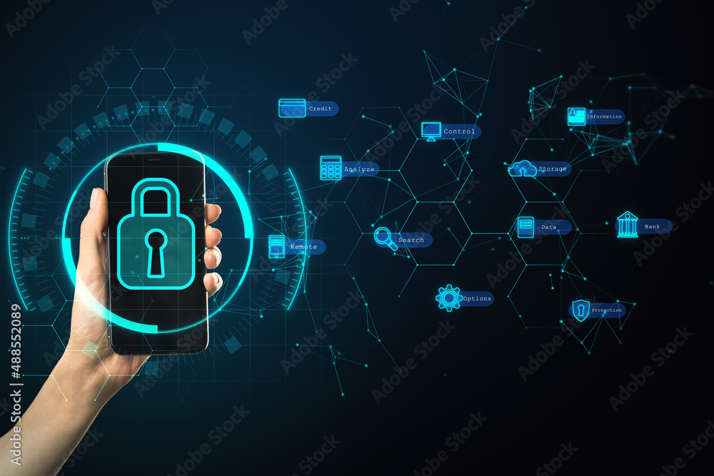 Poster personal data storage and internet of things concept with human hand holding modern smartphone with 