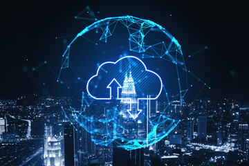 Naklejka premium Abstract glowing polygonal sphere with cloud and arrows on blurry night city background. Cloud computing and database concept. Double exposure.